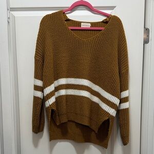 Dreamers Brown V-Neck Sweater with White Stripes